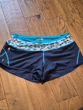 Smartwool Women's Navy and Turquoise Athletic Shorts with Patterned Waistband
